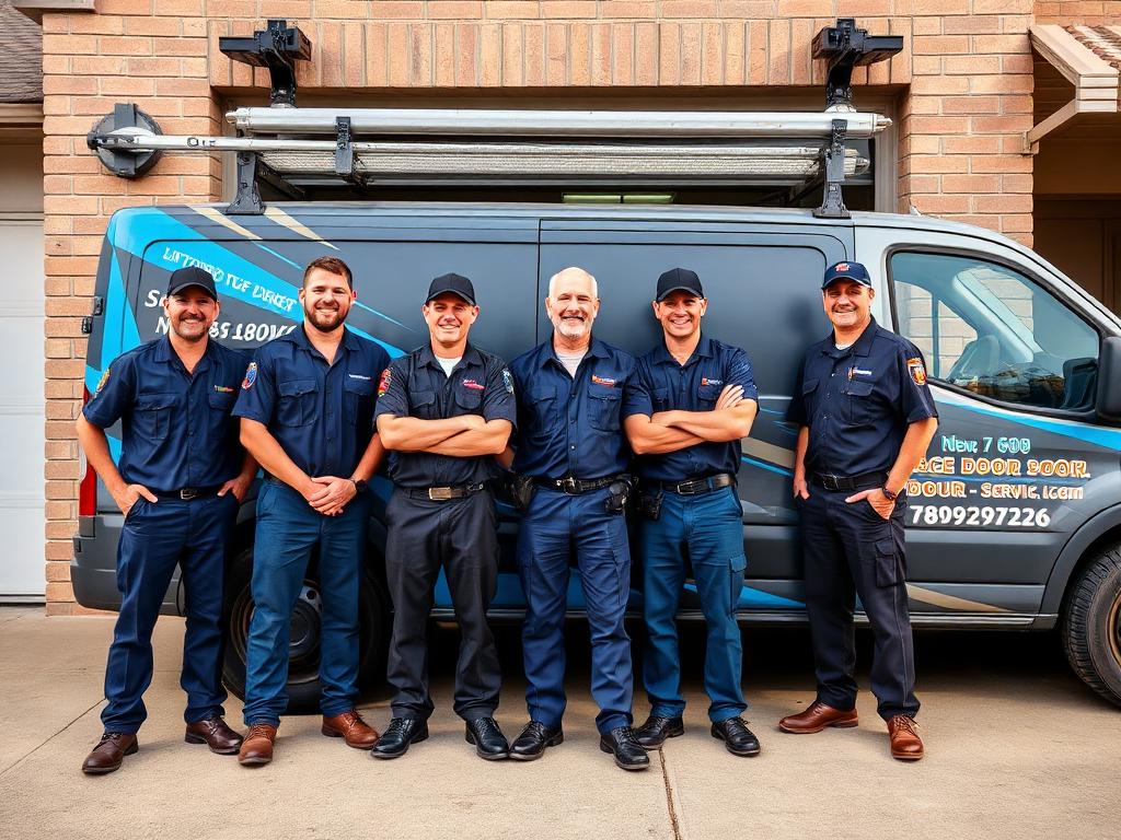 Victor Garage Doors professional team standing in front of service van