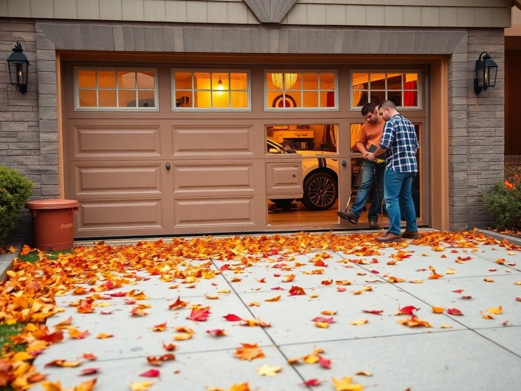 Homeowner inspecting garage door weatherstripping with autumn leaves on ground