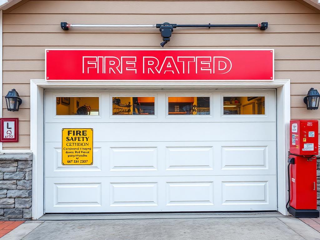 Fire-rated garage door with safety certification sticker and fire safety equipment