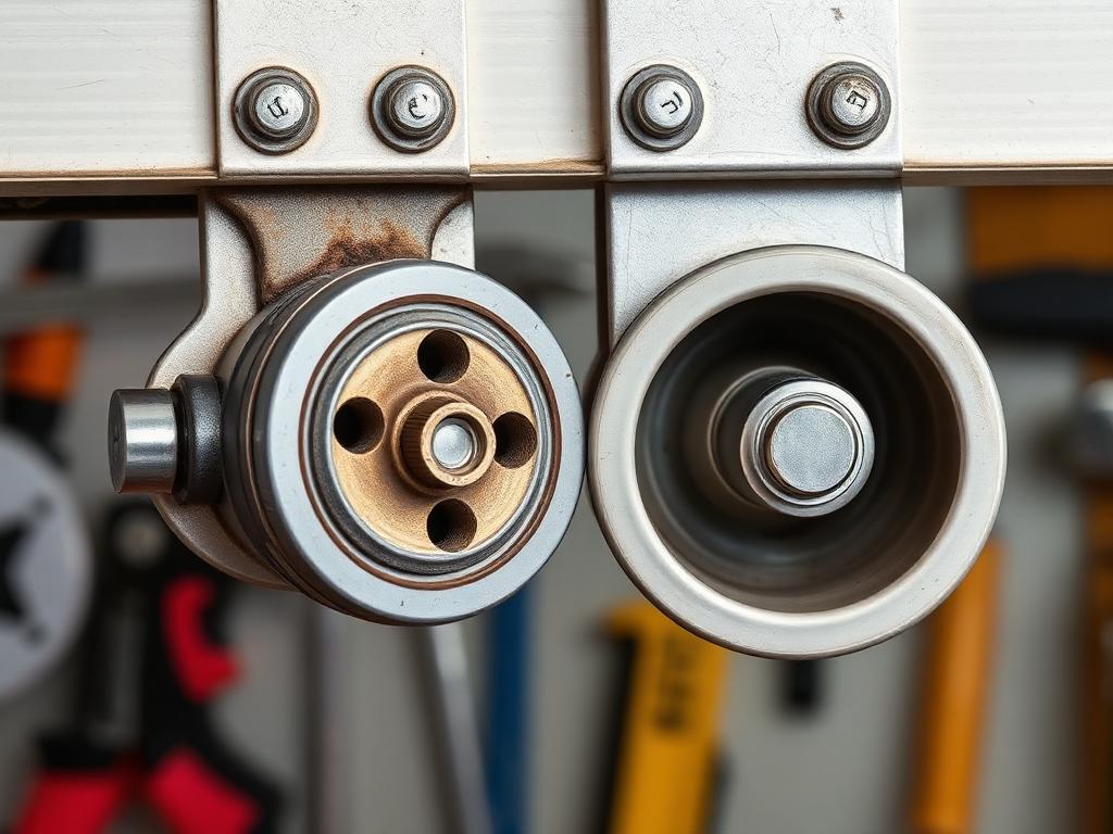 Garage door roller comparison showing old worn roller and new replacement roller