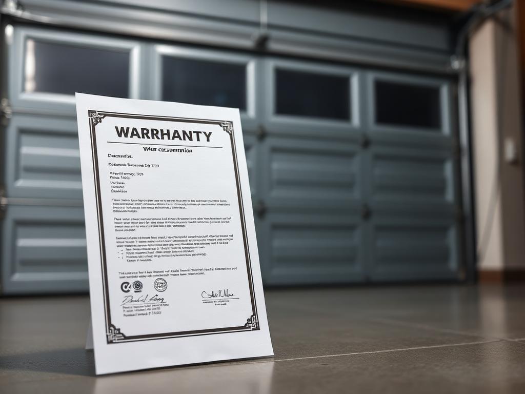 Warranty documentation papers with garage door in background