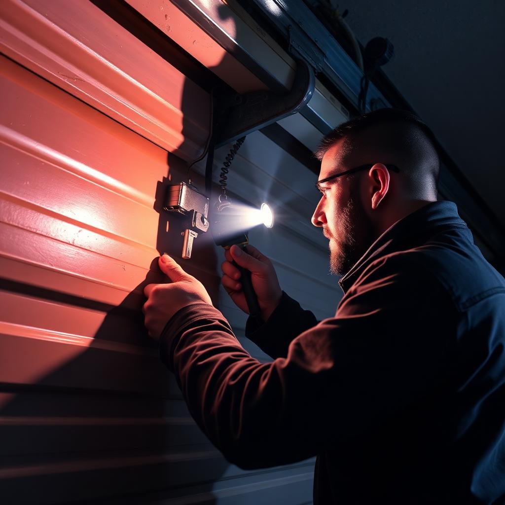 Emergency garage door repair service technician working at night with flashlight