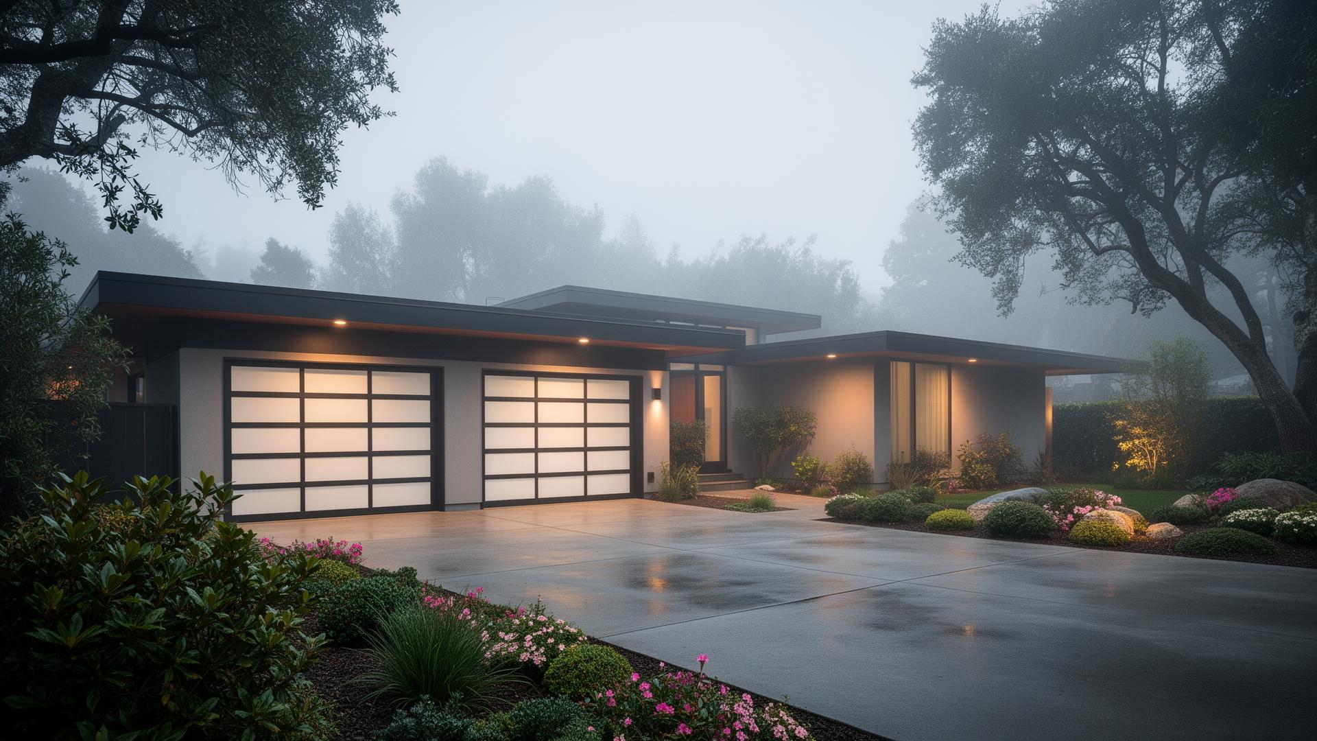 Modern sleek steel garage doors with frosted glass panels on mid-century modern home