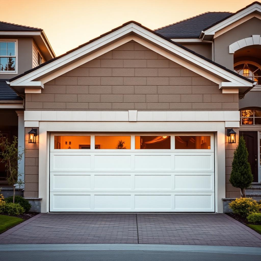 New modern garage door installation on luxury home at sunset