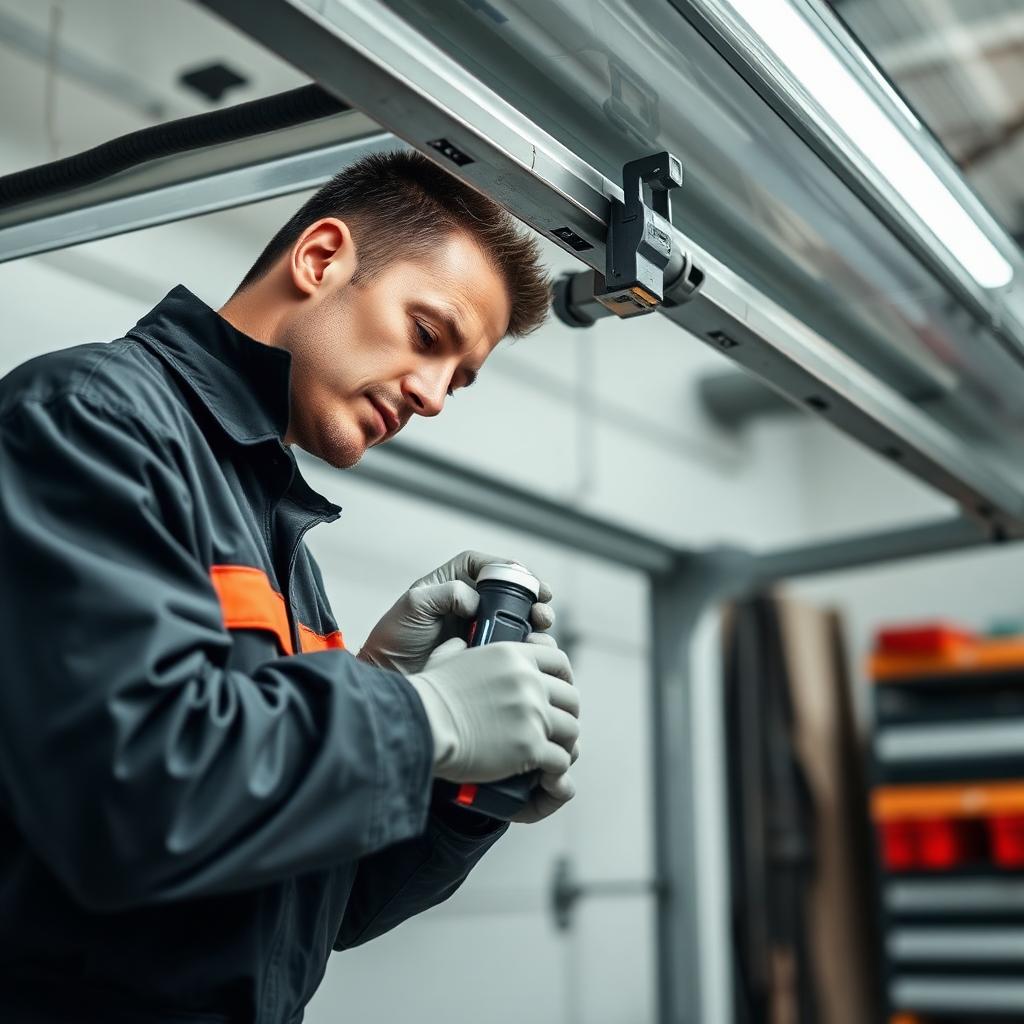Professional technician performing garage door maintenance service